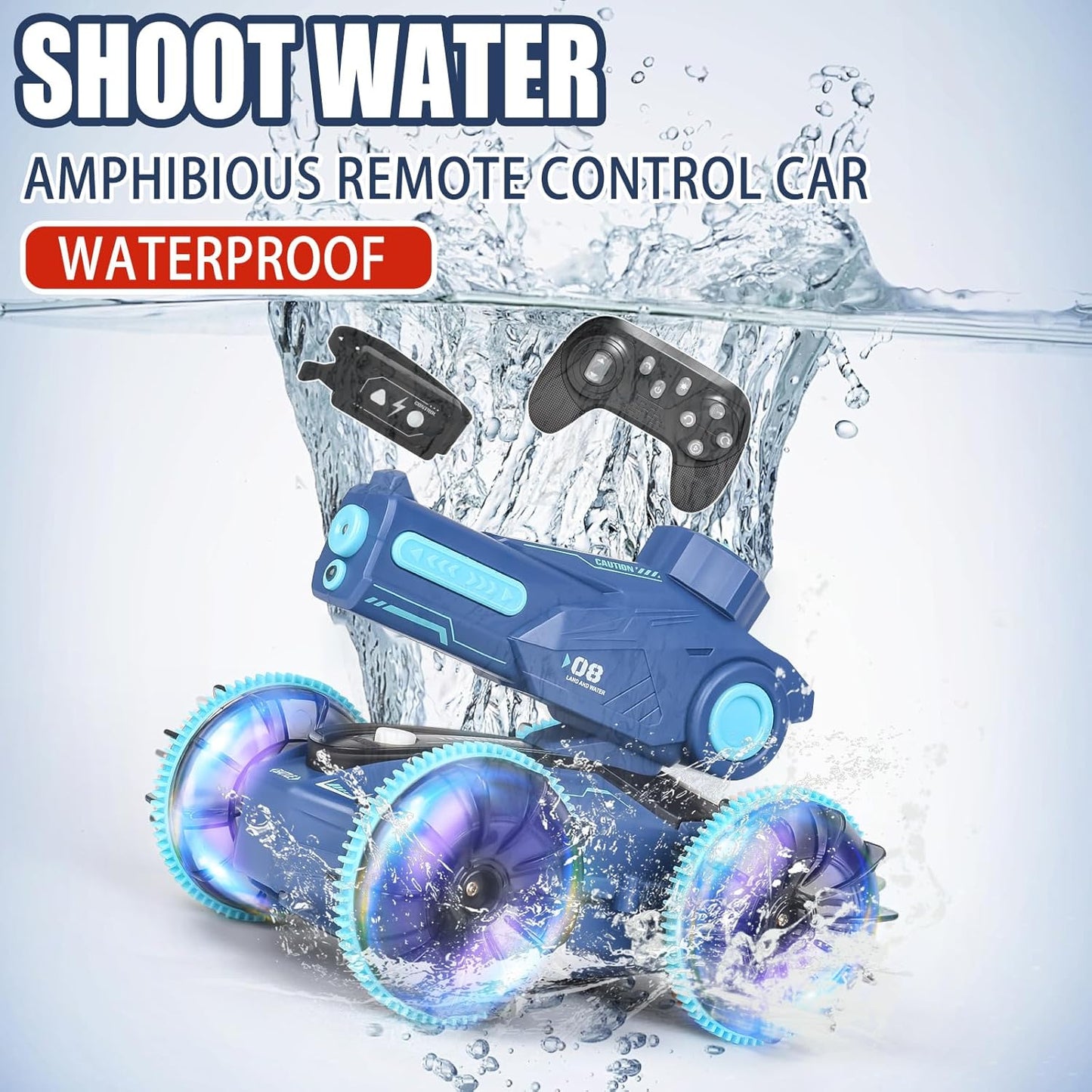3-in-1 Remote Control Car, RC Boat & Water Gun - Amphibious RC Car for Land & Water, Adjustable Speed, Waterproof, Perfect Boys Toys 4-12 Years Old boy Gifts for Pool Beach, Summer Fun-Blue