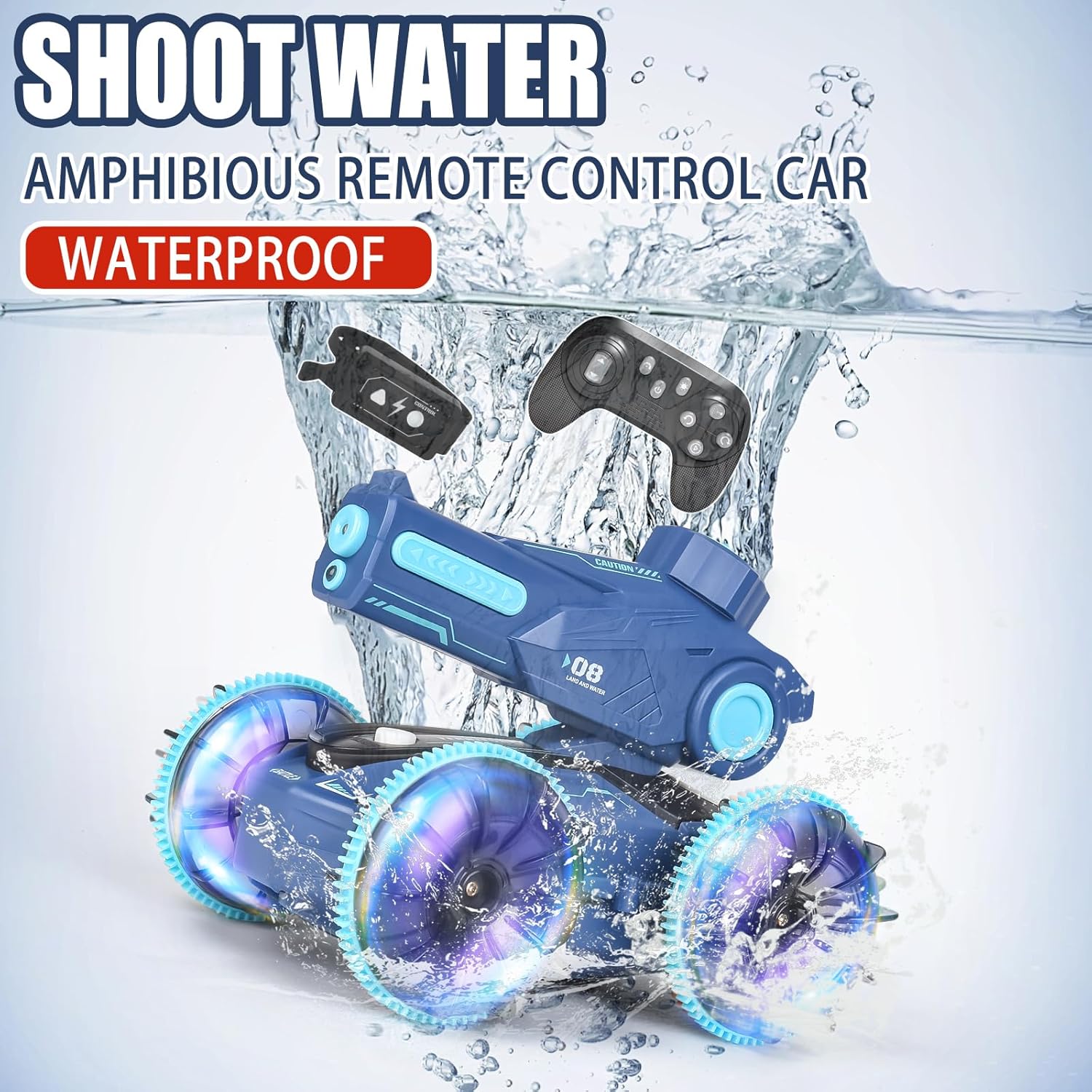 3-in-1 Remote Control Car, RC Boat & Water Gun - Amphibious RC Car for Land & Water, Adjustable Speed, Waterproof, Perfect Boys Toys 4-12 Years Old boy Gifts for Pool Beach, Summer Fun-Blue