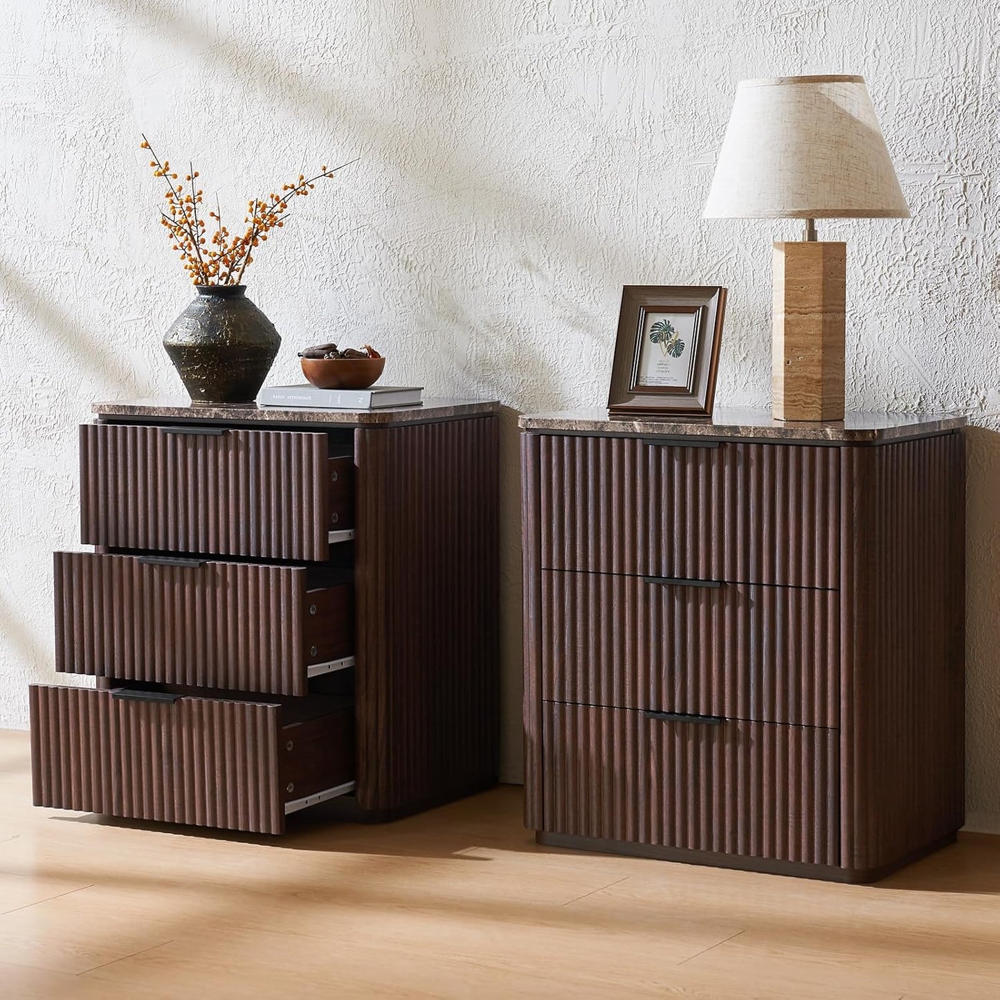 DelArk 3-Drawer Fluted Nightstand with Marble Top