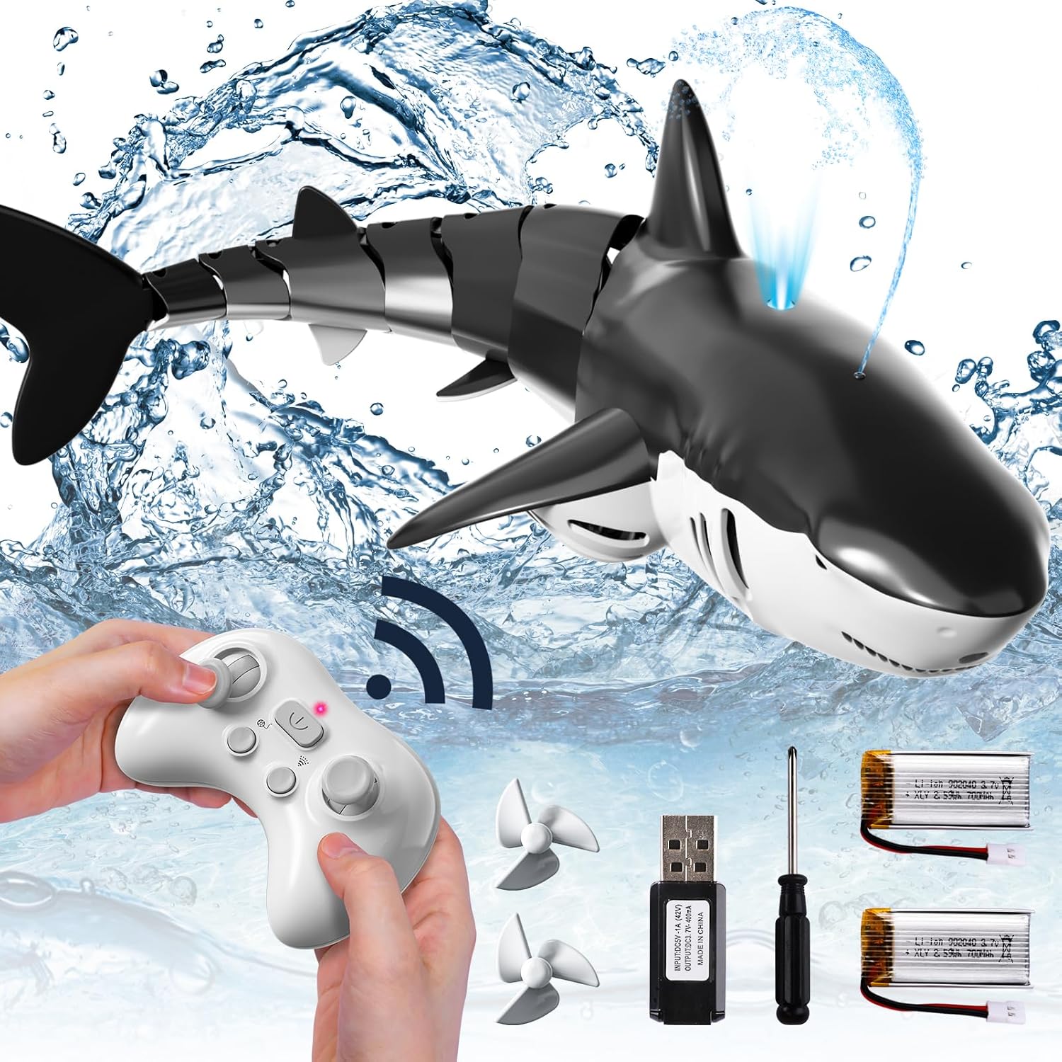 Bennol 2.4Ghz Remote Control Shark Toys for Boys Kids, 1:18 Scale High Simulation Shark for Pool, Electric RC Sharks Fish Toys with Light & Spray Water Function for 4 5 6 7 8 9 Year olds Kid Boys