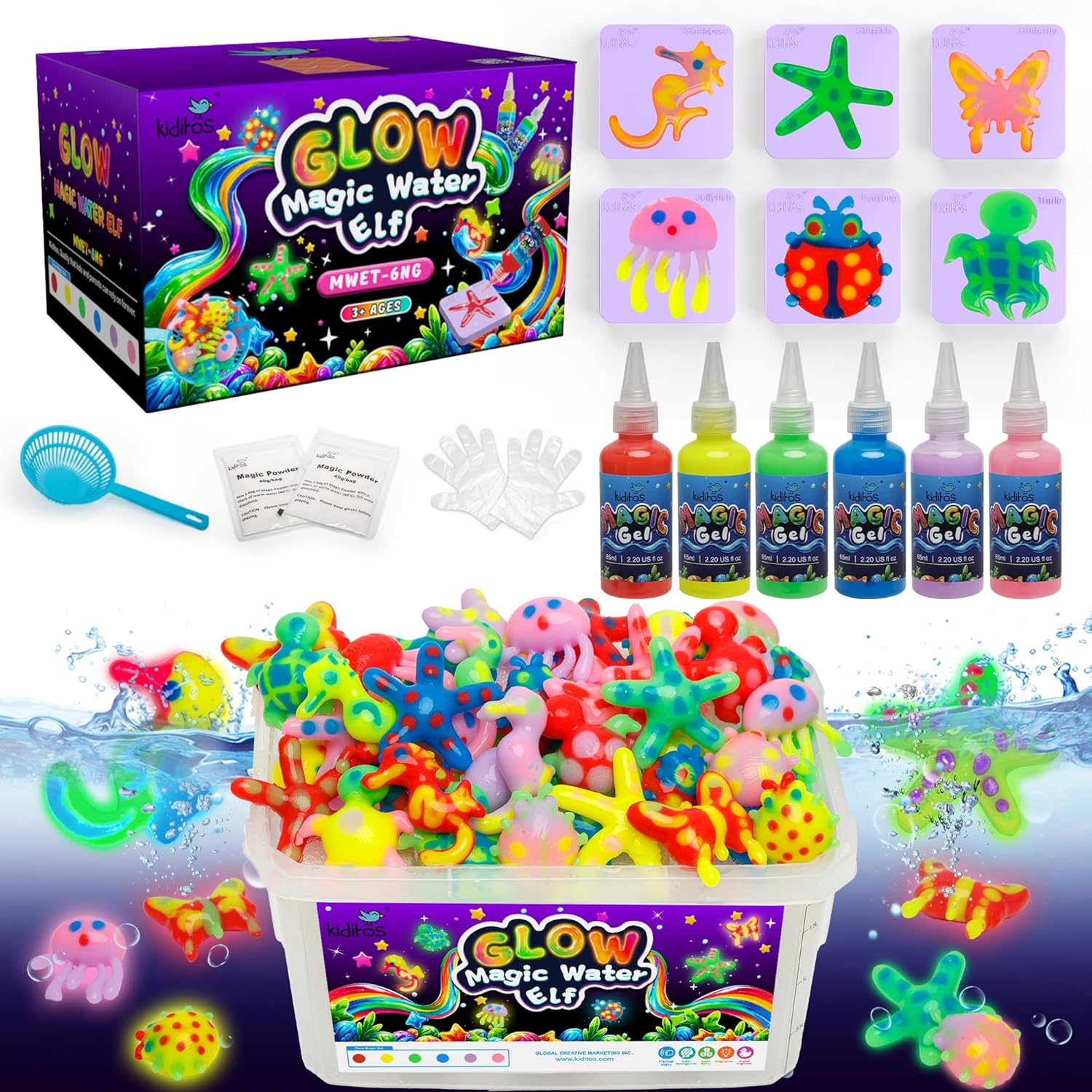 Kiditos Glow in the Dark Magic Water Elf Toy Kit,Aqua Fairy Water Gel Kit-6 Magic Gels&6 Molds-Make Your Own Water Pets&Squishy Toys-Fun Summer DIY Craft Kit,Birthday Gift&Party Favors for Kid Ages 3+