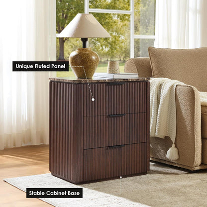DelArk 3-Drawer Fluted Nightstand with Marble Top