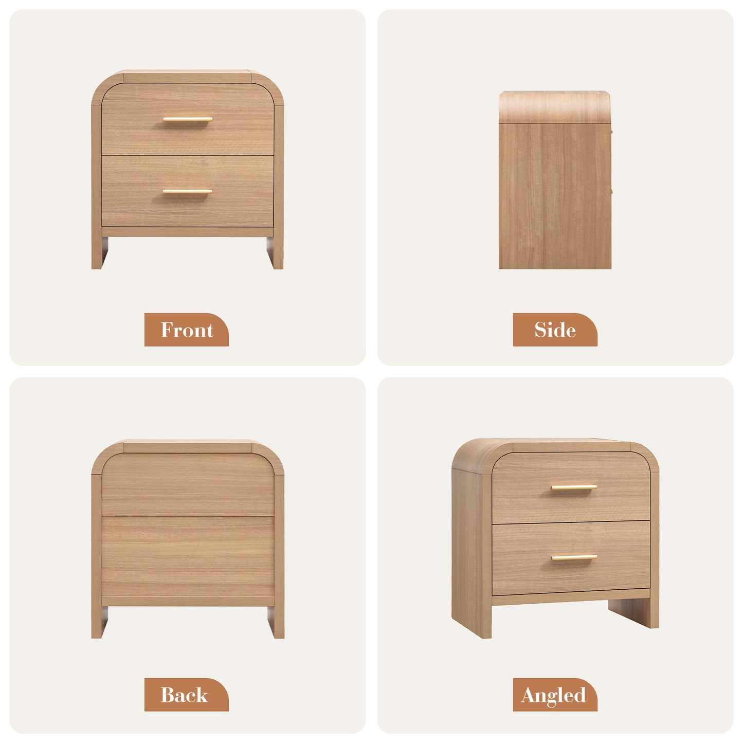 Night Stand Set of 2 [Unique Curved Profile] [FSC-Certified Wooden Board] 2-Drawer Nightstand 24" H Metal Handle Modern Sturdy Bedside Table