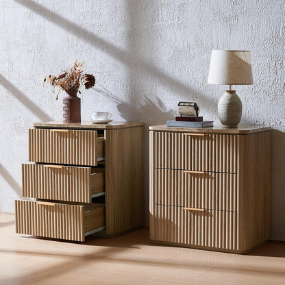 Fluted Nightstand Set of 2, 23"W Night Stand with 3 Drawers, Wood Bed Side Table with Faux Marble-Top, Curved Corner, Metal Handle, Modern Bedside Table for Bedroom, Living Room, Office, Natural Oak