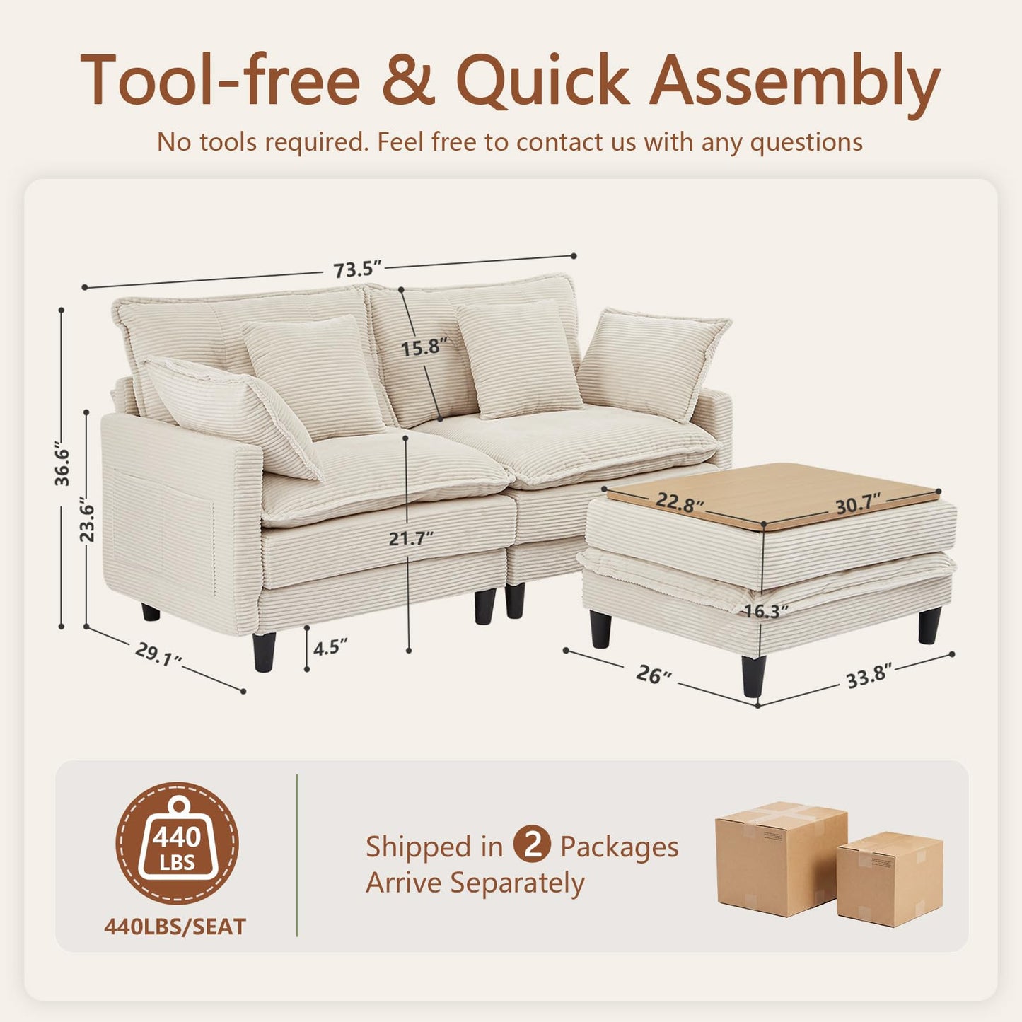 Corduroy Sectional Sofa - 2 Seat & 1 Ottoman