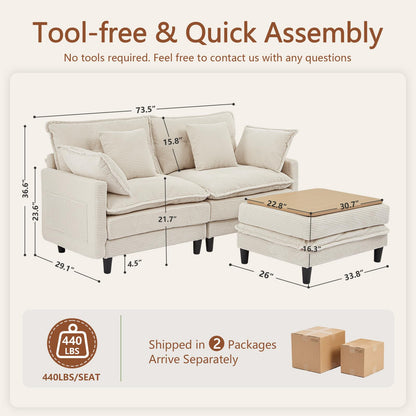 Corduroy Sectional Sofa - 2 Seat & 1 Ottoman