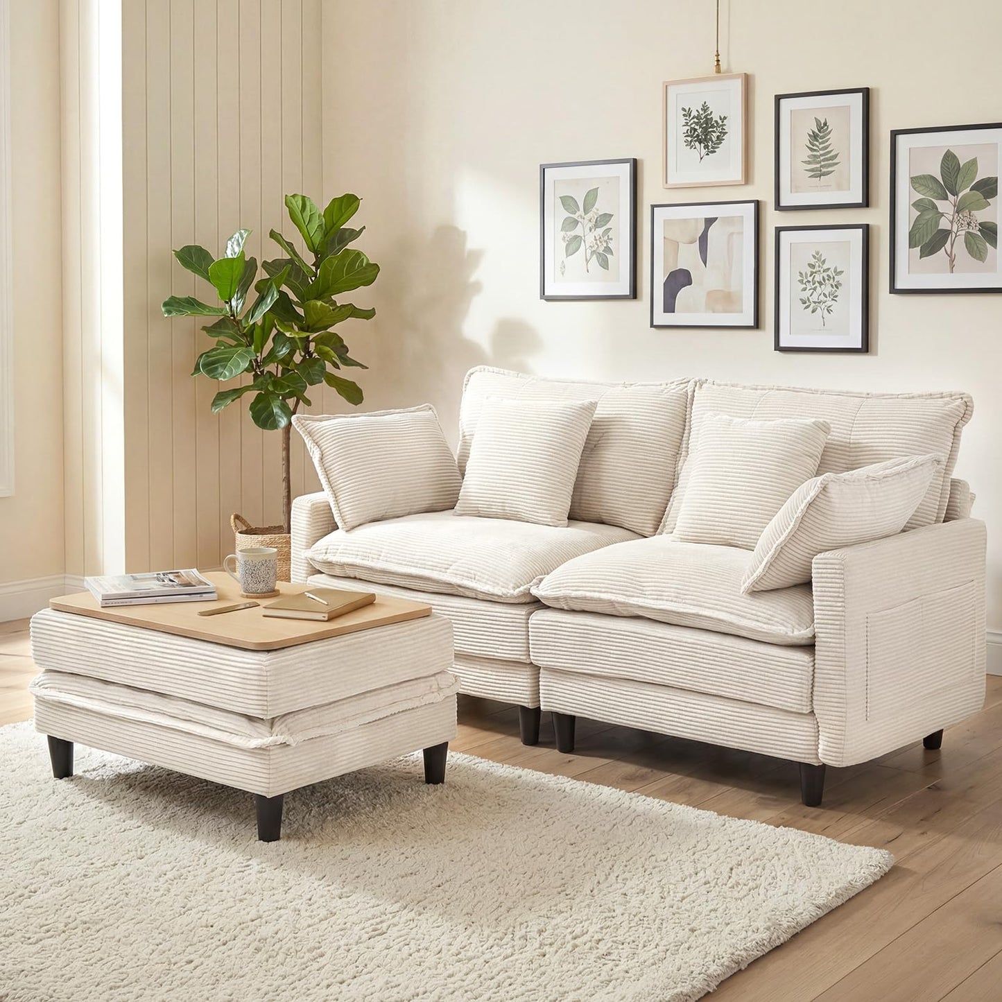 Corduroy Sectional Sofa - 2 Seat & 1 Ottoman