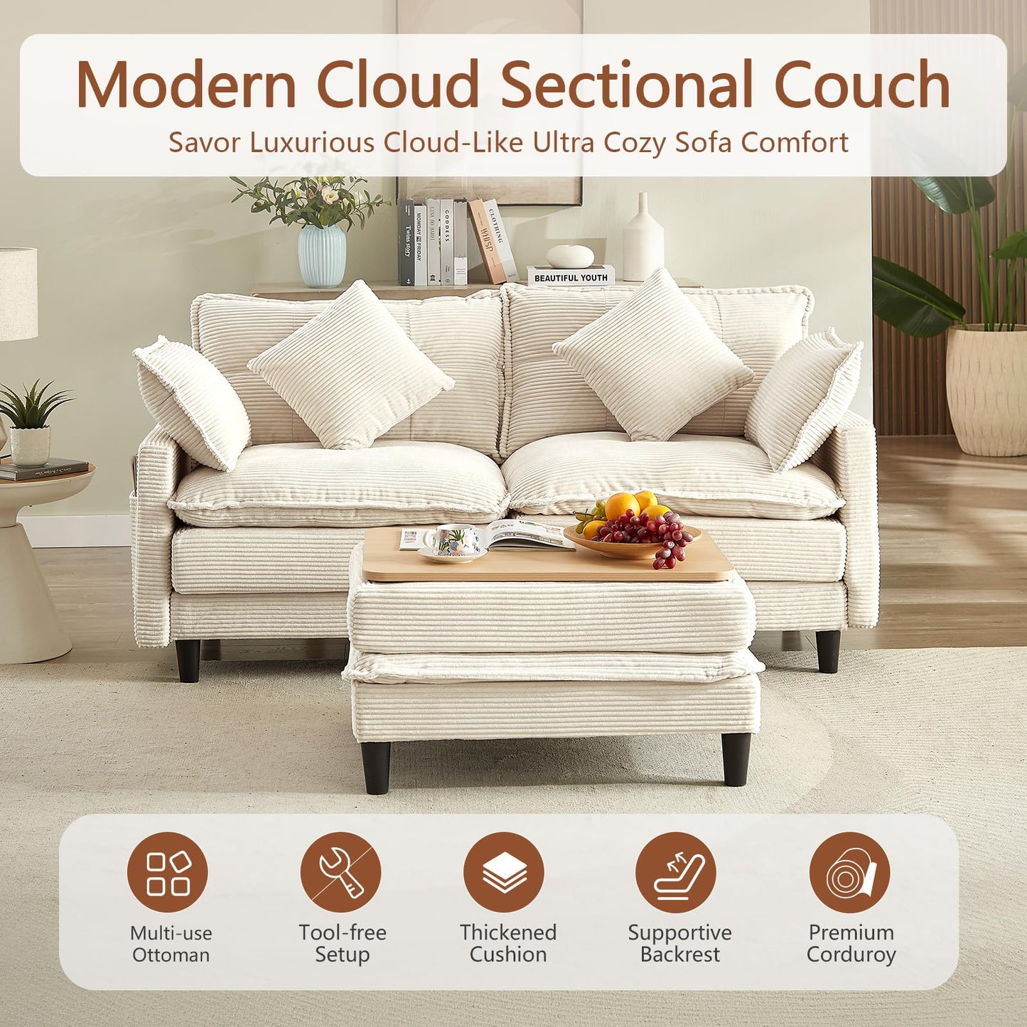 Corduroy Sectional Sofa - 2 Seat & 1 Ottoman