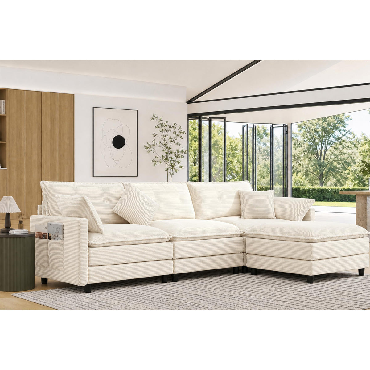 Corduroy Sectional Sofa - 3 Seat & 1 Ottoman