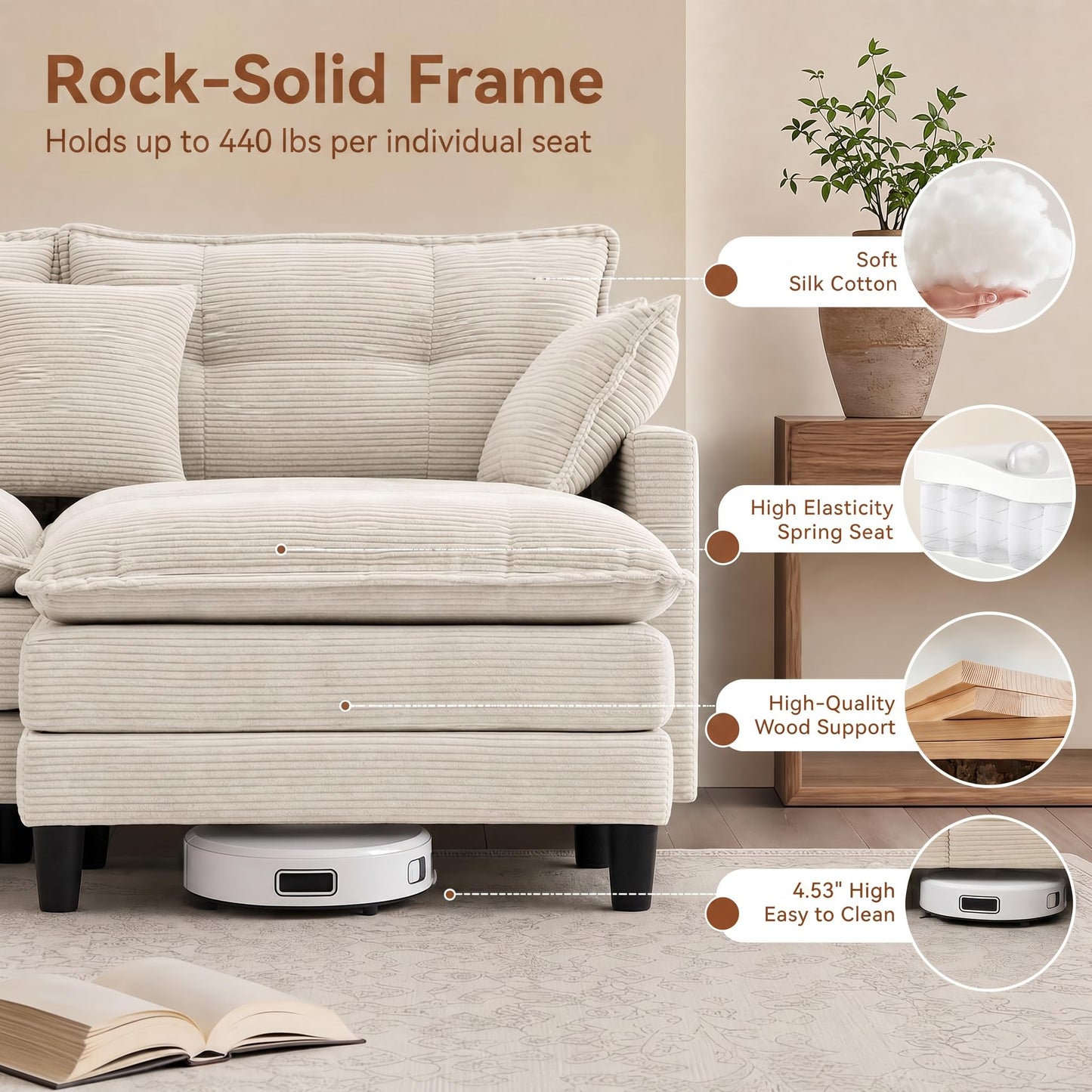 Corduroy Sectional Sofa - 3 Seat & 1 Ottoman