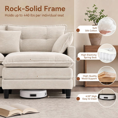 Corduroy Sectional Sofa - 3 Seat & 1 Ottoman