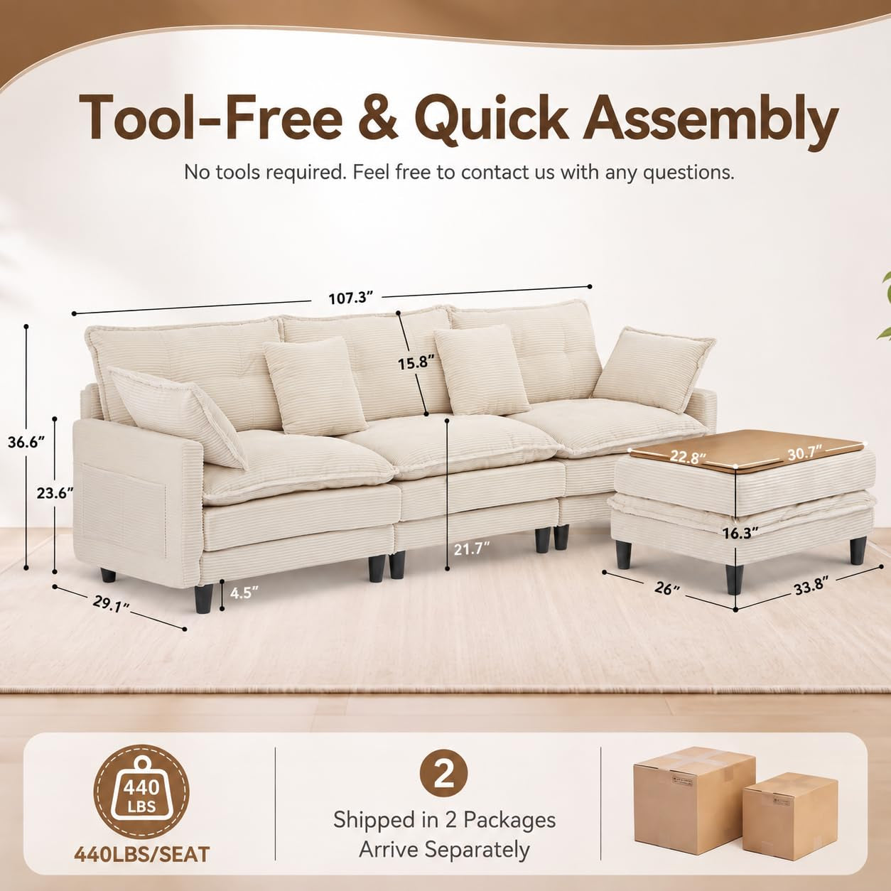 Corduroy Sectional Sofa - 3 Seat & 2 Ottoman