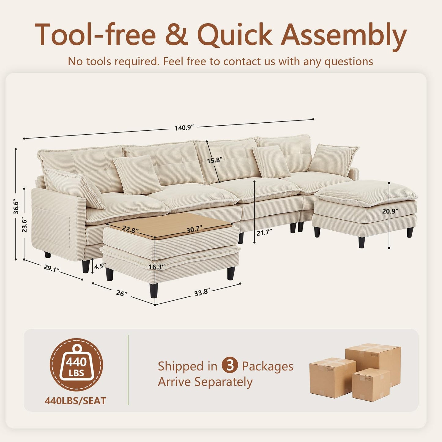 Corduroy Sectional Sofa - 4 Seat & 2 Ottoman