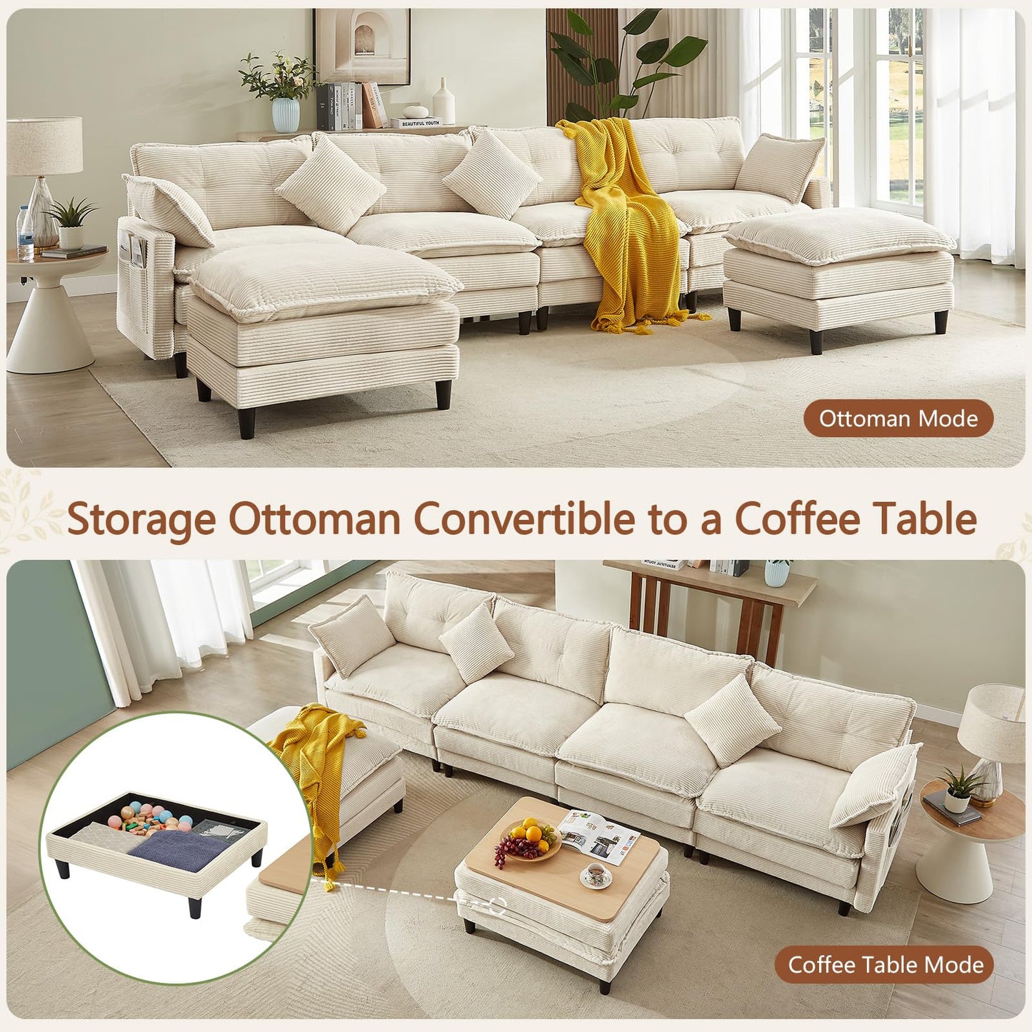 Corduroy Sectional Sofa - 4 Seat & 2 Ottoman