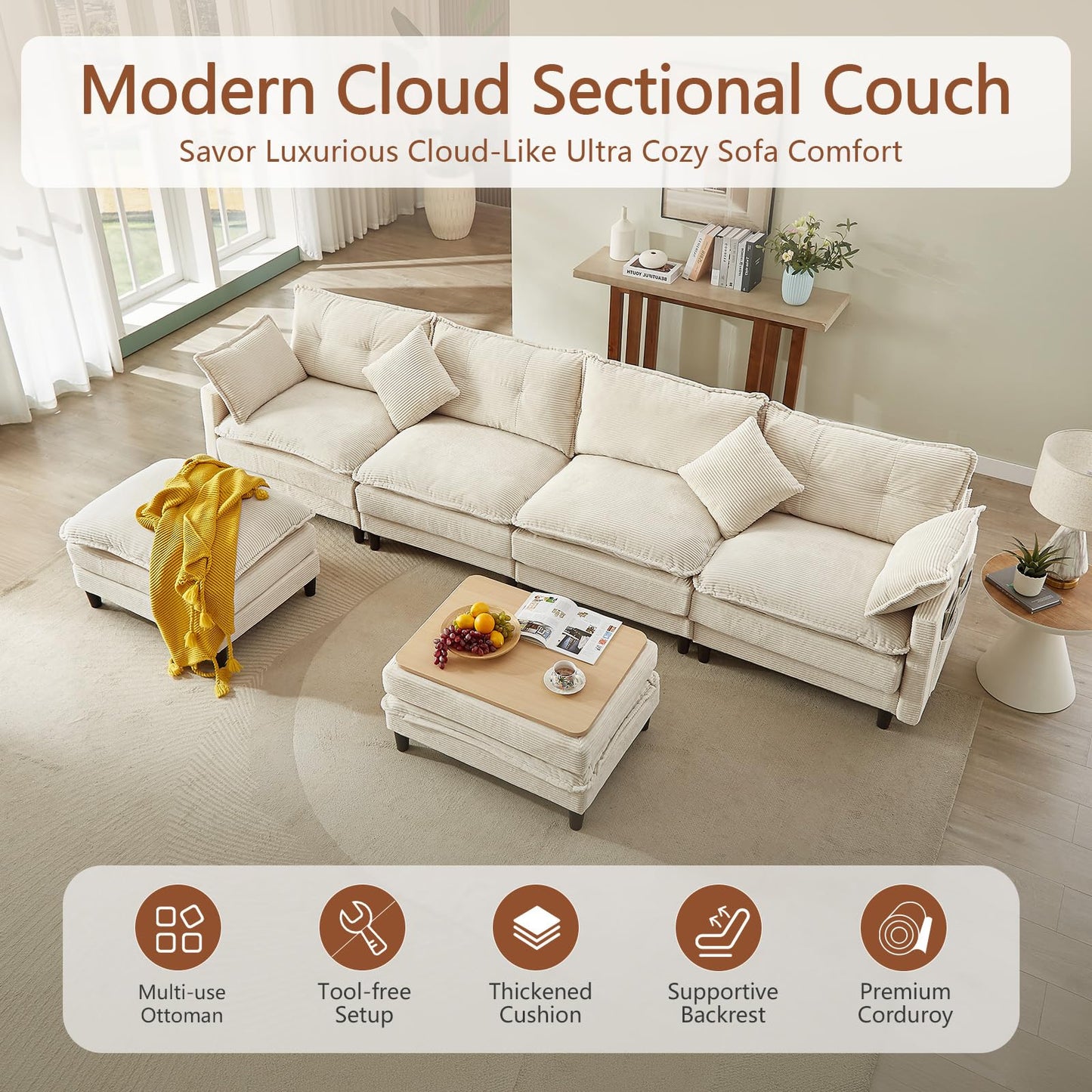 Corduroy Sectional Sofa - 4 Seat & 2 Ottoman