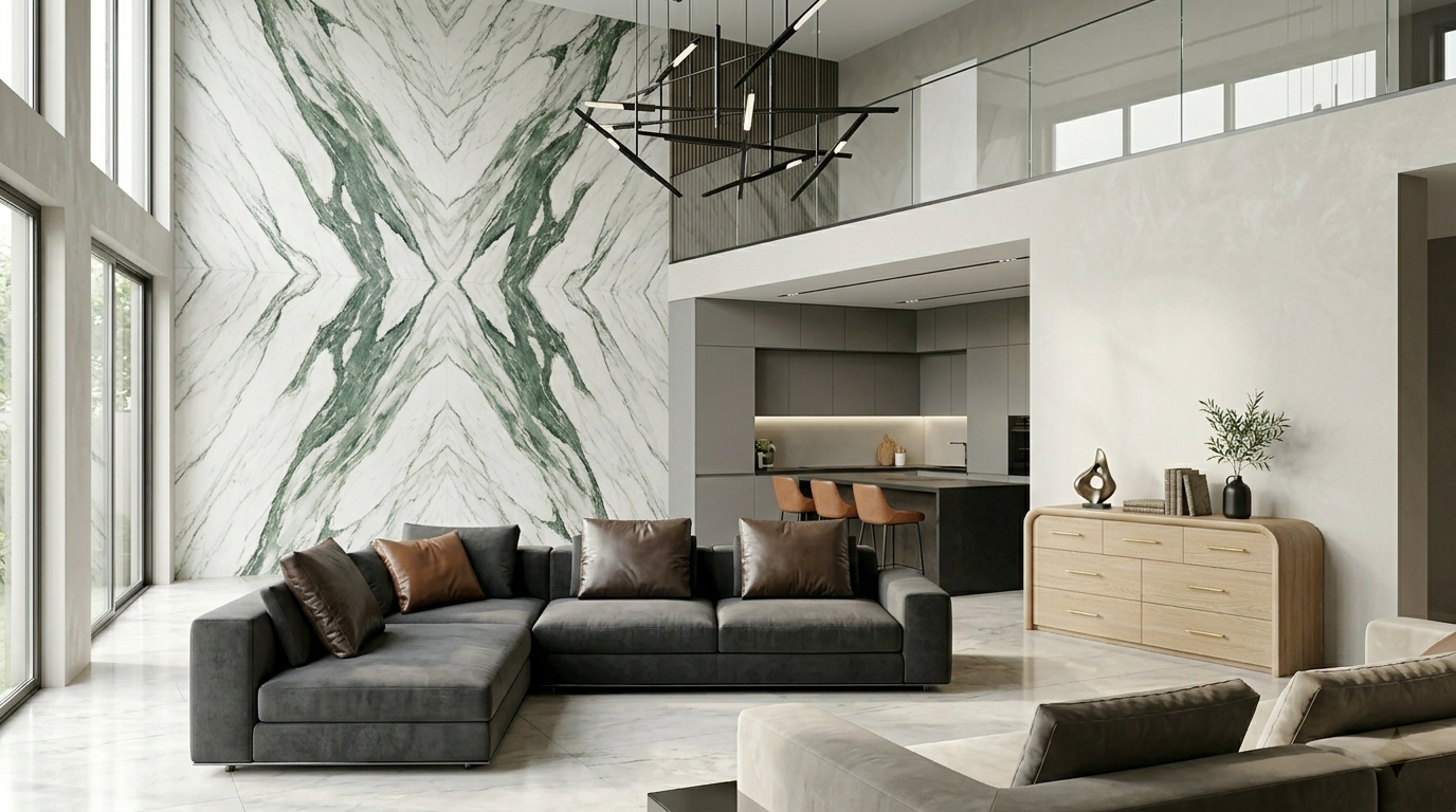 Modern living room with gray sectional sofa, marble wall, and kitchen in the background.