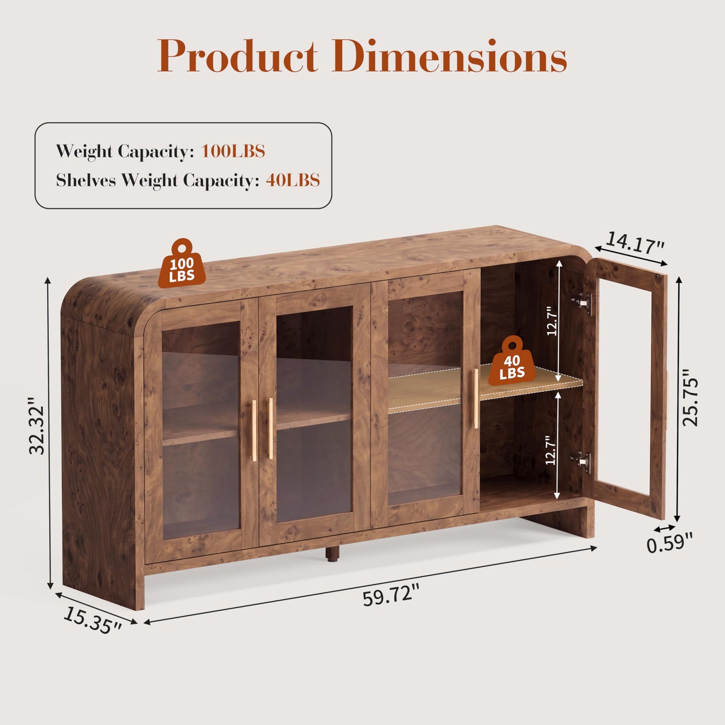 Curved Sideboard Cabinet - 4 Glass Doors