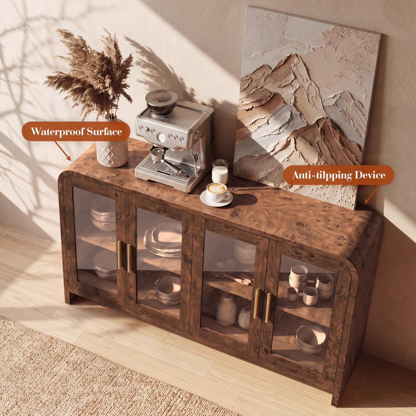 Curved Sideboard Cabinet - 4 Glass Doors