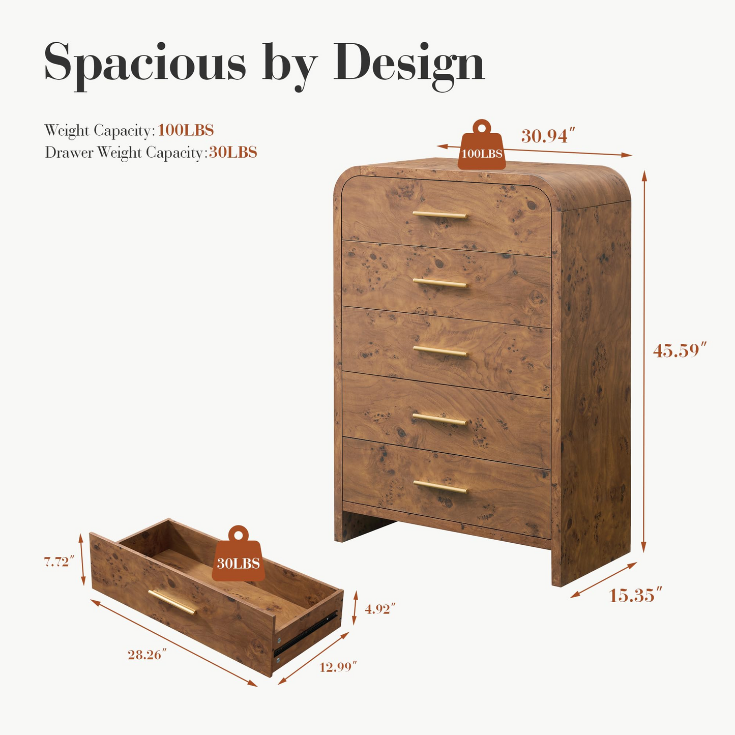 Curved 5-Drawer Dresser Dark Burl