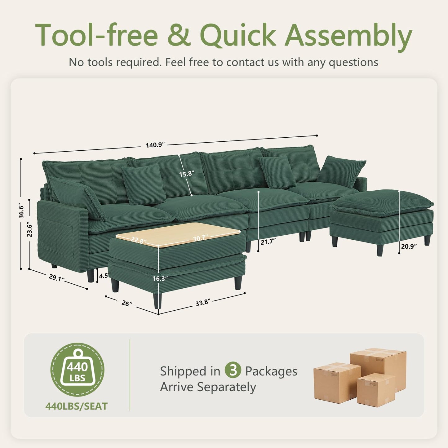 Corduroy Sectional Sofa - 4 Seat & 2 Ottoman