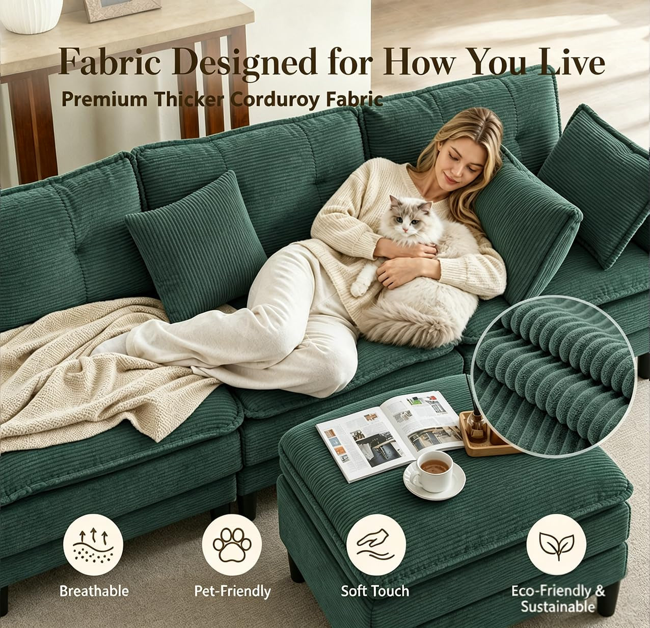 Corduroy Sectional Sofa - 4 Seat & 2 Ottoman