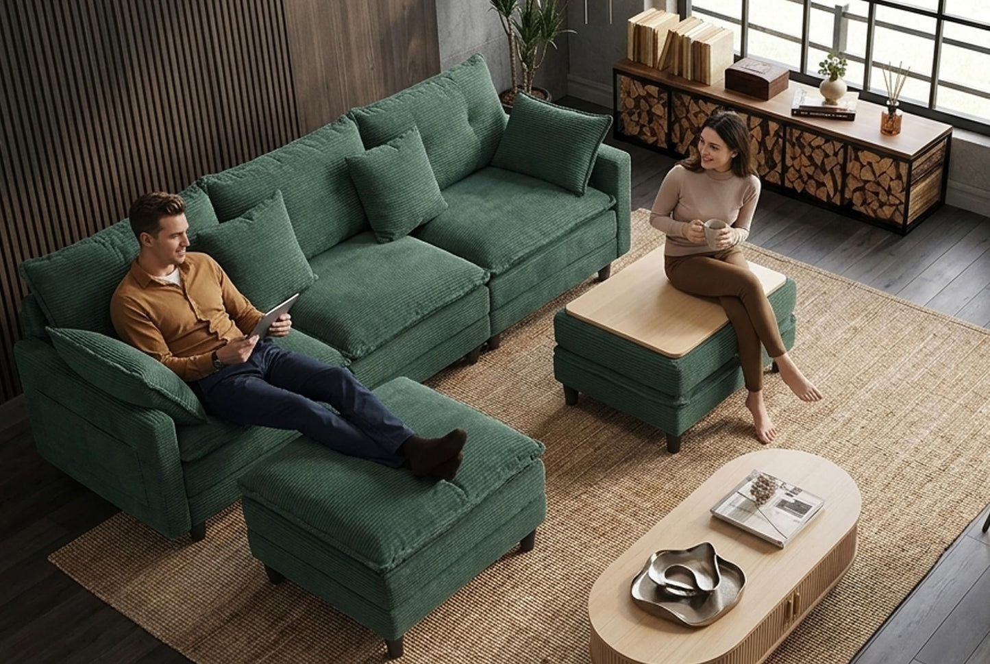 Corduroy Sectional Sofa - 3 Seat & 2 Ottoman