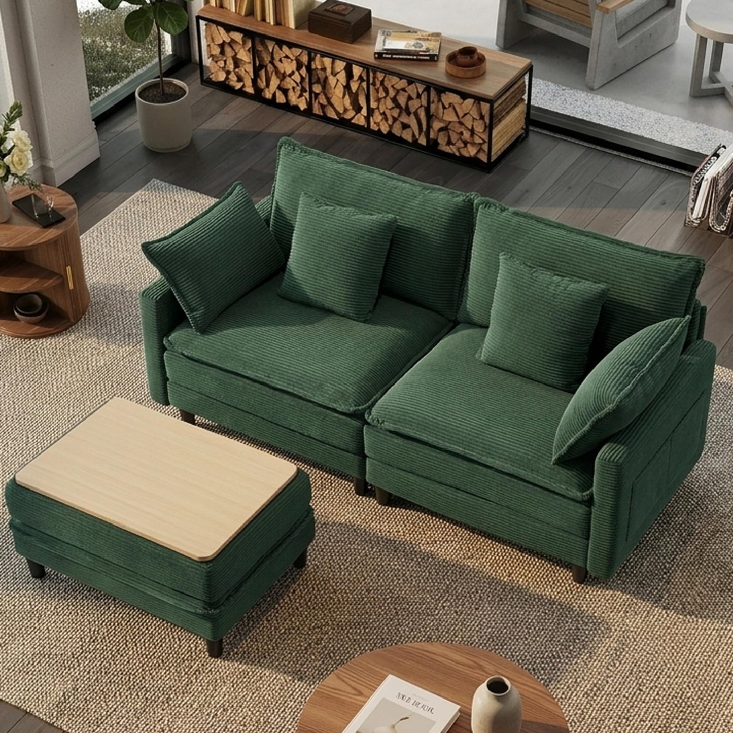 Corduroy Sectional Sofa - 2 Seat & 1 Ottoman