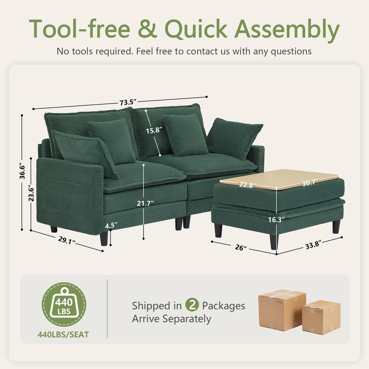 Corduroy Sectional Sofa - 2 Seat & 1 Ottoman