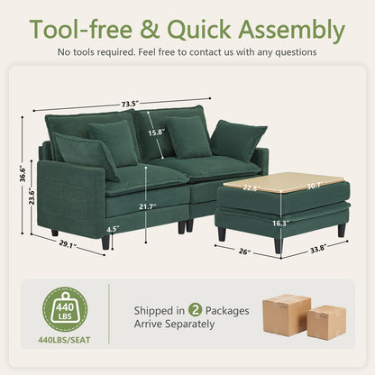 Corduroy Sectional Sofa - 2 Seat & 1 Ottoman
