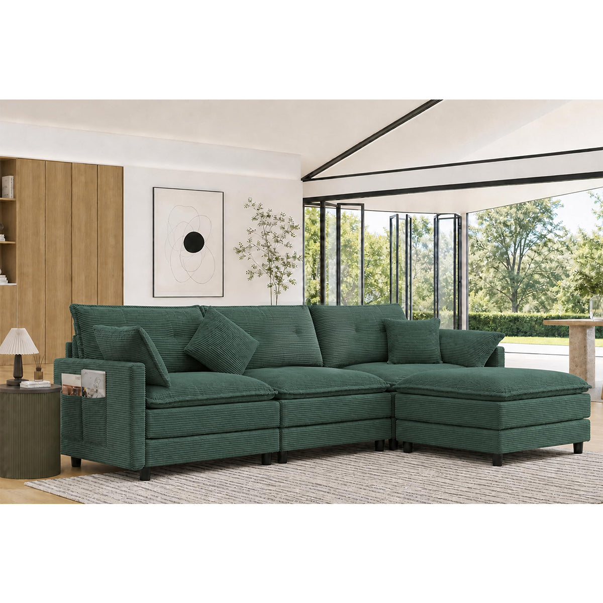 Corduroy Sectional Sofa - 3 Seat & 1 Ottoman
