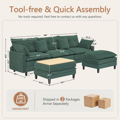 Corduroy Sectional Sofa - 3 Seat & 2 Ottoman