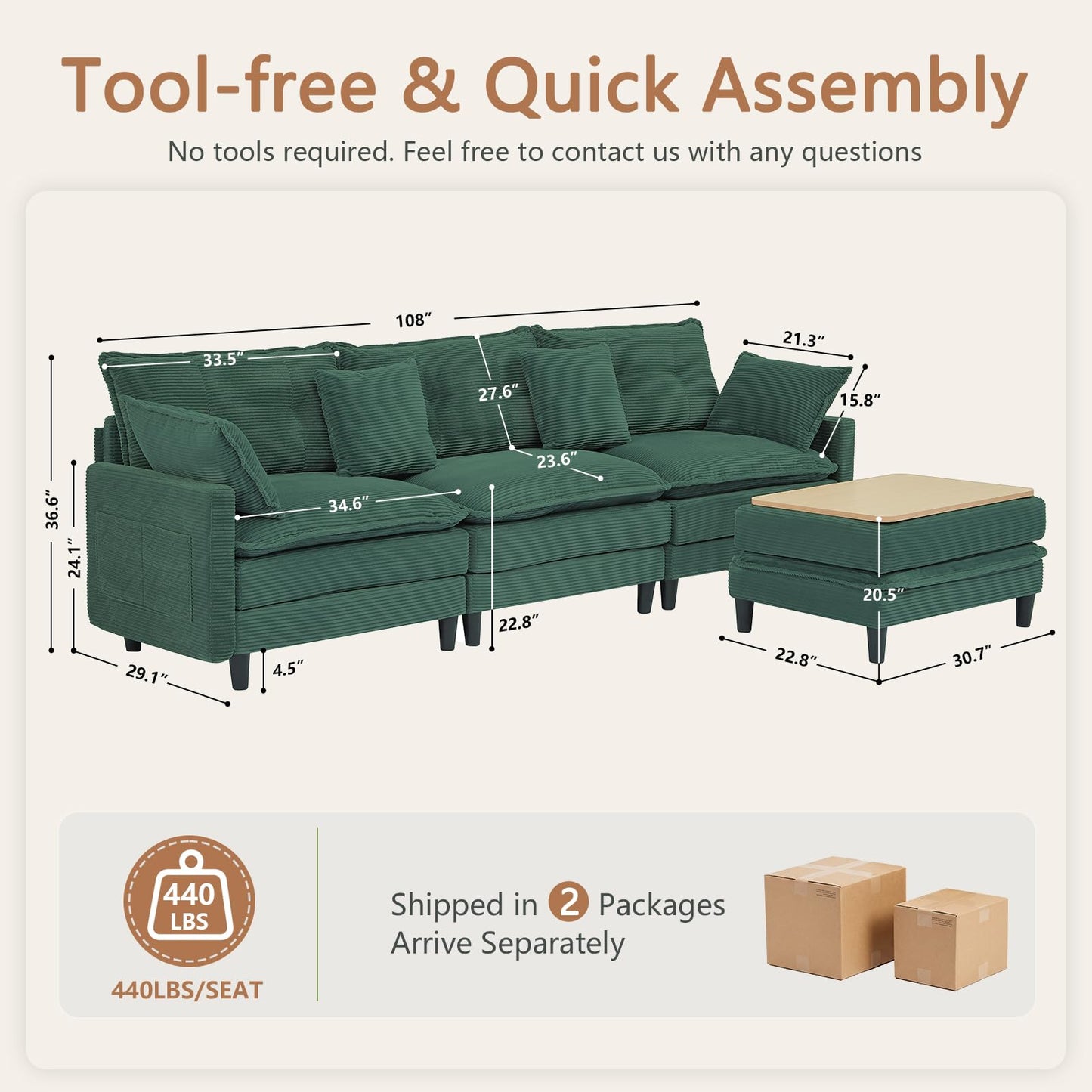 Corduroy Sectional Sofa - 3 Seat & 1 Ottoman
