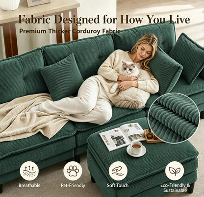 Corduroy Sectional Sofa - 3 Seat & 1 Ottoman