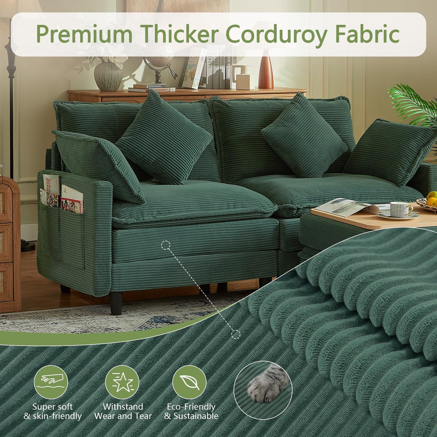 Corduroy Sectional Sofa - 2 Seat & 1 Ottoman