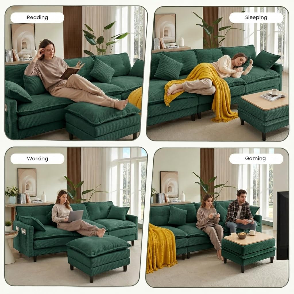Corduroy Sectional Sofa - 3 Seat & 1 Ottoman