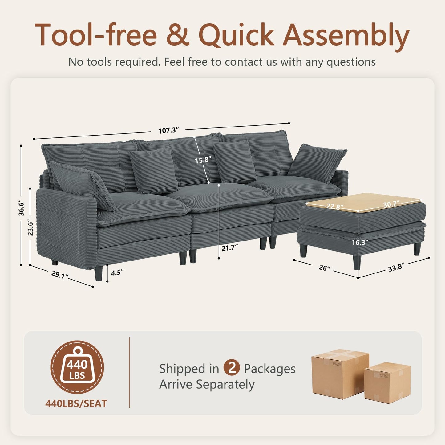 Corduroy Sectional Sofa - 3 Seat & 2 Ottoman
