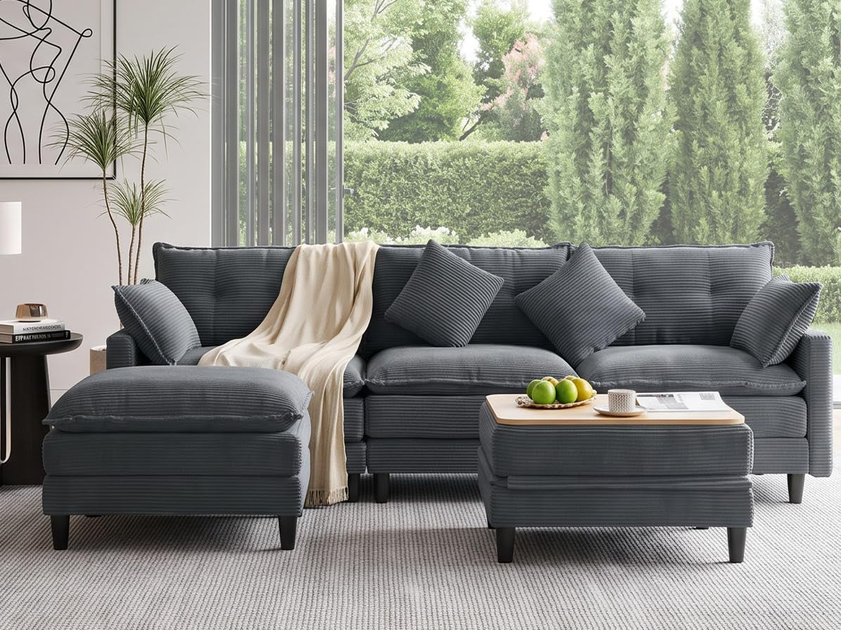 Corduroy Sectional Sofa - 3 Seat & 2 Ottoman