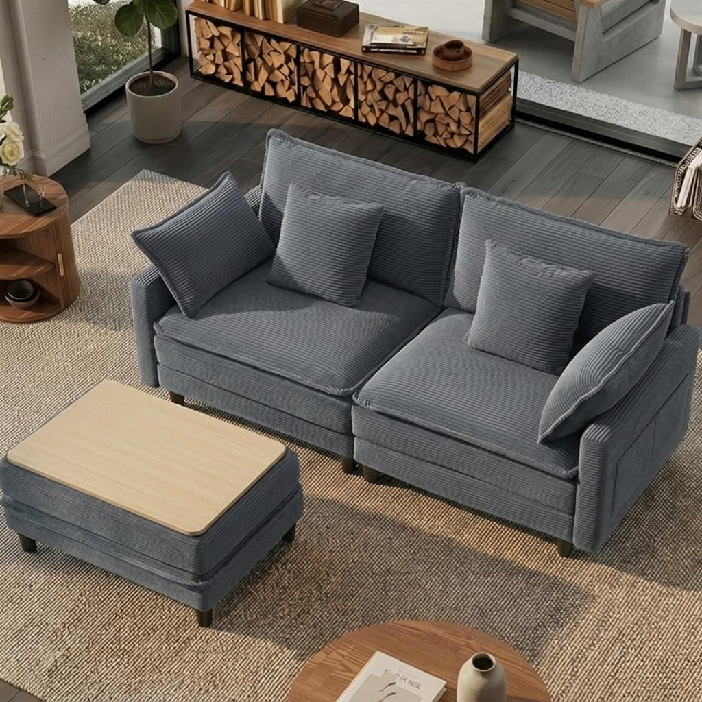 Corduroy Sectional Sofa - 2 Seat & 1 Ottoman