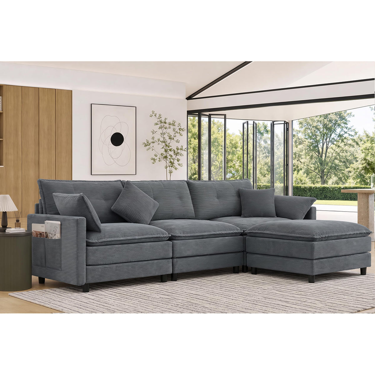 Corduroy Sectional Sofa - 3 Seat & 1 Ottoman
