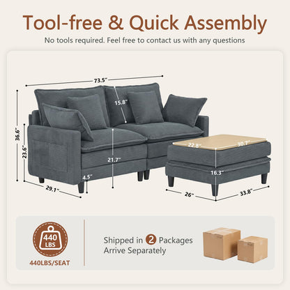 Corduroy Sectional Sofa - 2 Seat & 1 Ottoman