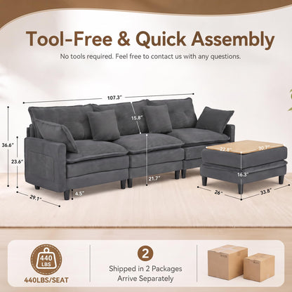 Corduroy Sectional Sofa - 3 Seat & 1 Ottoman