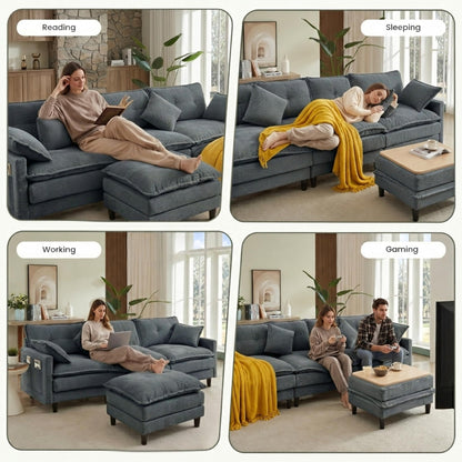 Corduroy Sectional Sofa - 3 Seat & 1 Ottoman