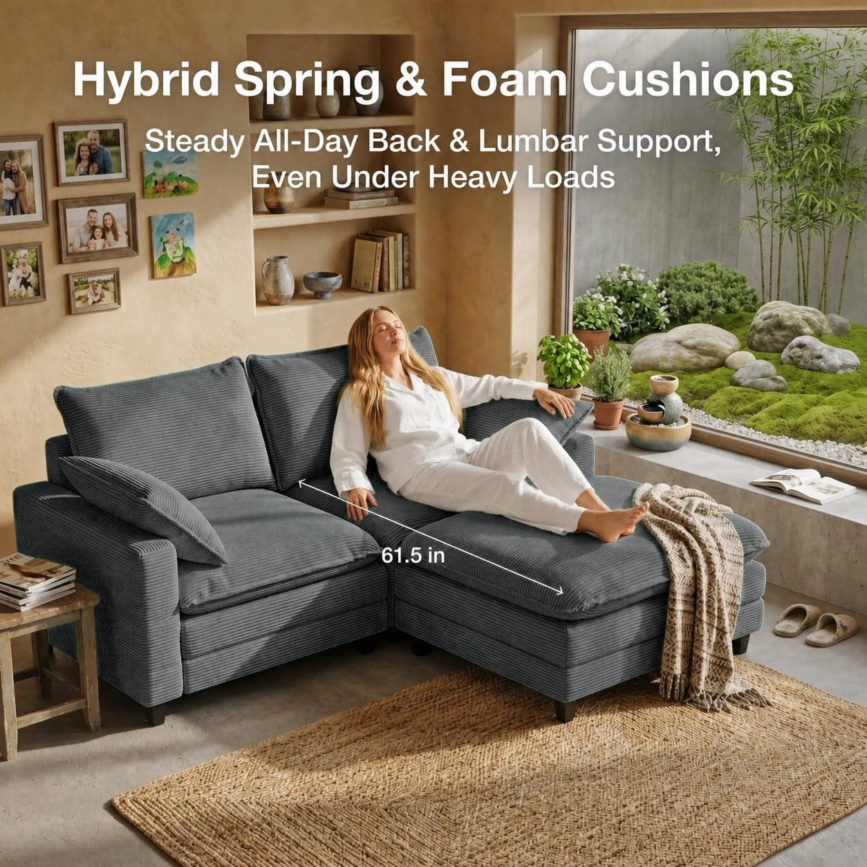 Corduroy Sectional Sofa - 2 Seat & 1 Ottoman