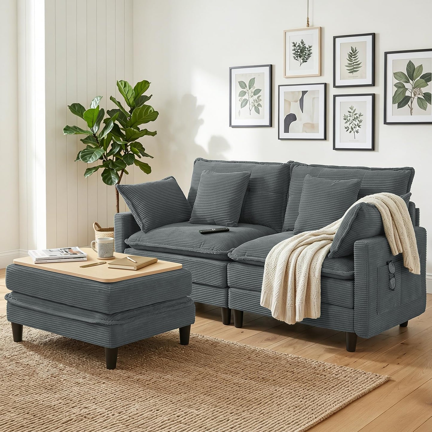Corduroy Sectional Sofa - 2 Seat & 1 Ottoman