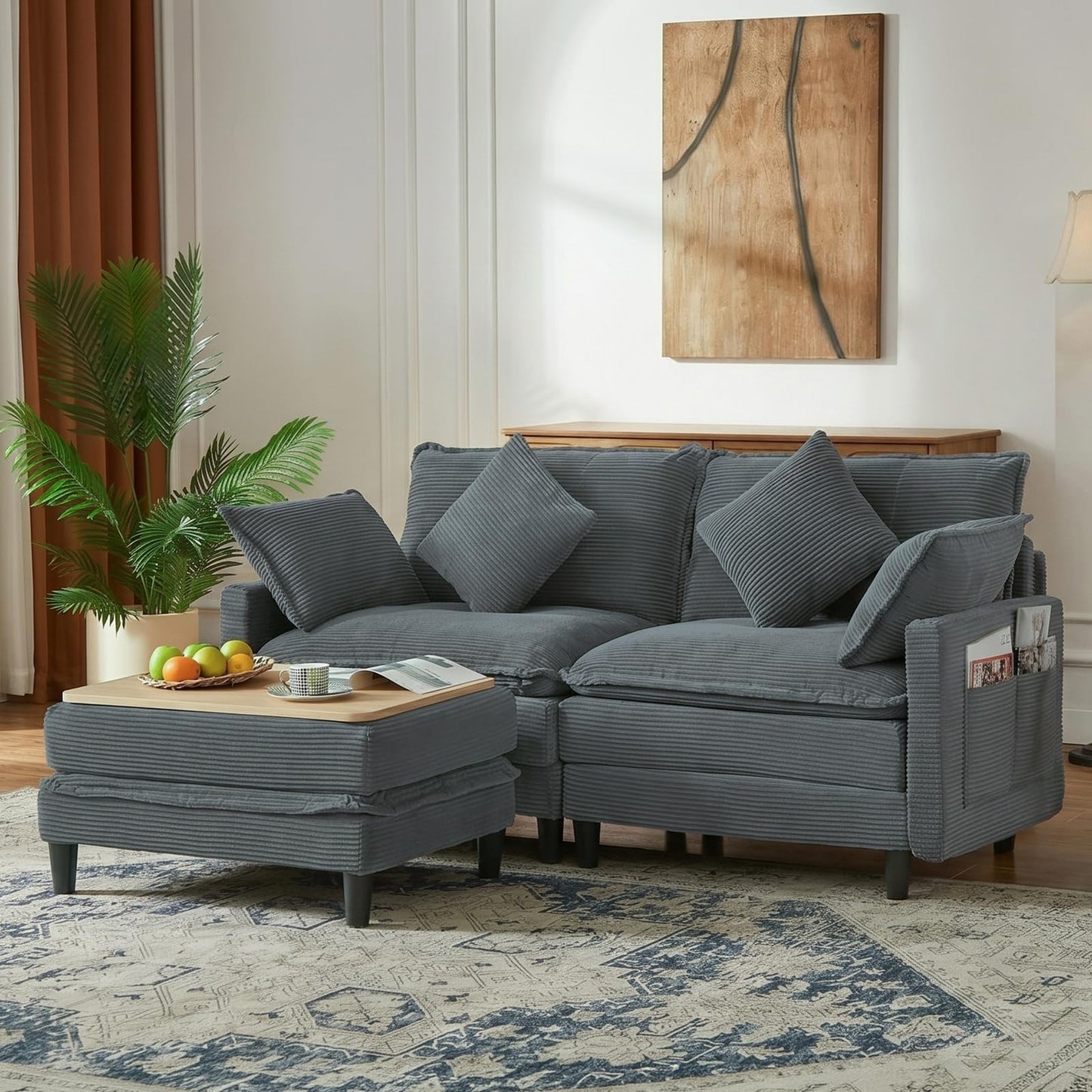 Corduroy Sectional Sofa - 2 Seat & 1 Ottoman