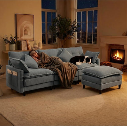 Corduroy Sectional Sofa - 3 Seat & 1 Ottoman