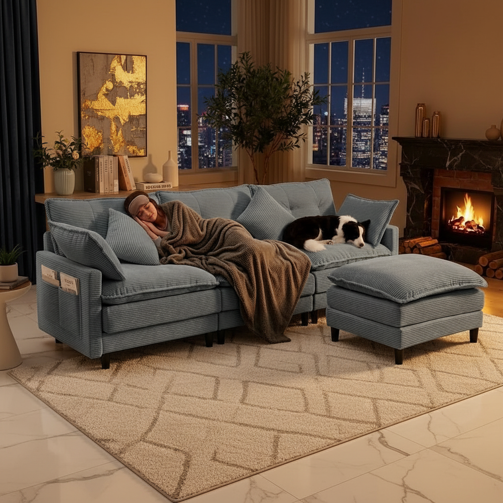 Corduroy Sectional Sofa - 3 Seat & 1 Ottoman