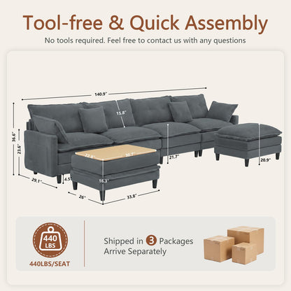 Corduroy Sectional Sofa - 4 Seat & 2 Ottoman