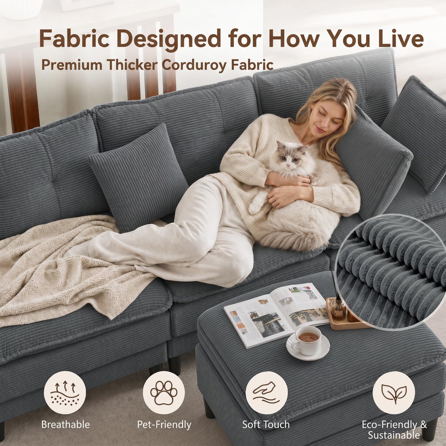 Corduroy Sectional Sofa - 4 Seat & 2 Ottoman