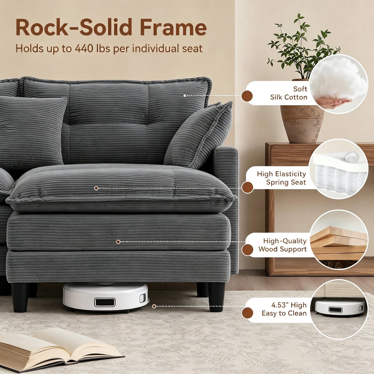Corduroy Sectional Sofa - 4 Seat & 2 Ottoman